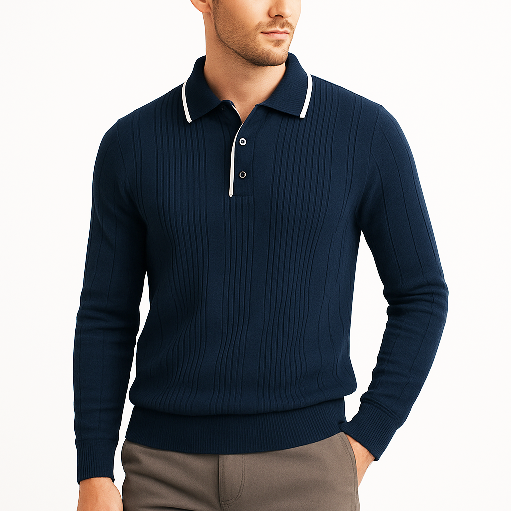 Langford Men Polo Knit Shirt Long Sleeve Button